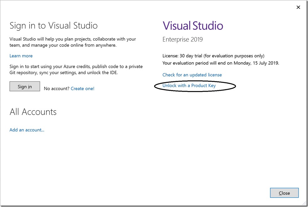 visual studio product key on laptop